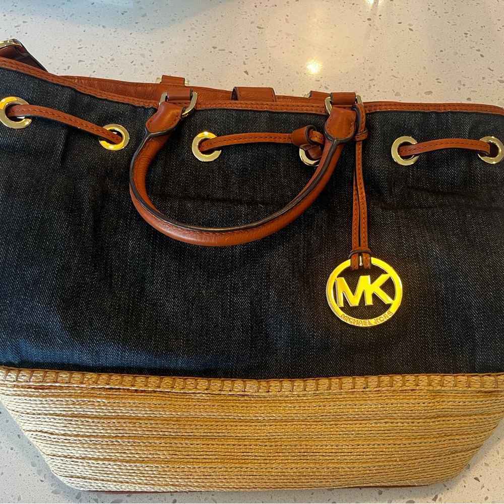 Michael Kors Denim with Straw Bucket Top Crossbody